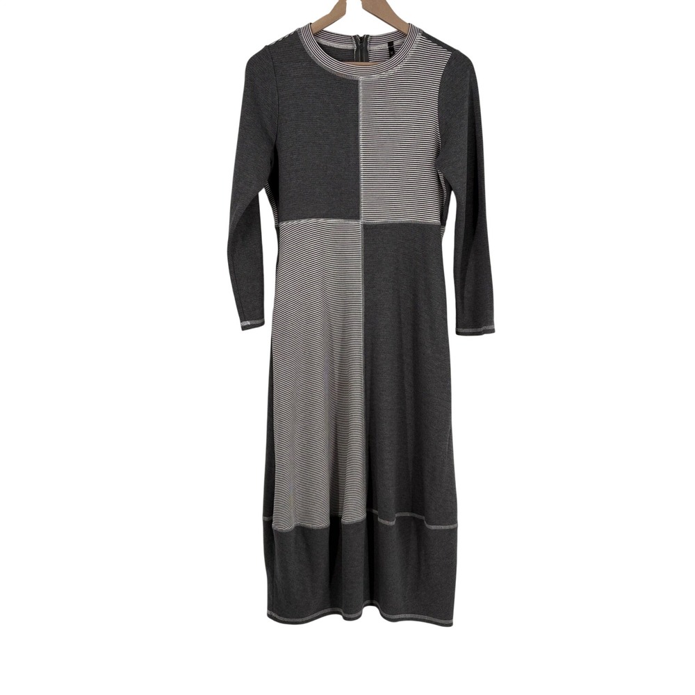 IC by Connie K Grey Striped Colorblock Patchwork Midi Dress Long Sleeve Medium